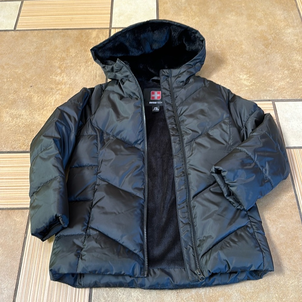 Black parka with silky fleece lining - S (6-6X)